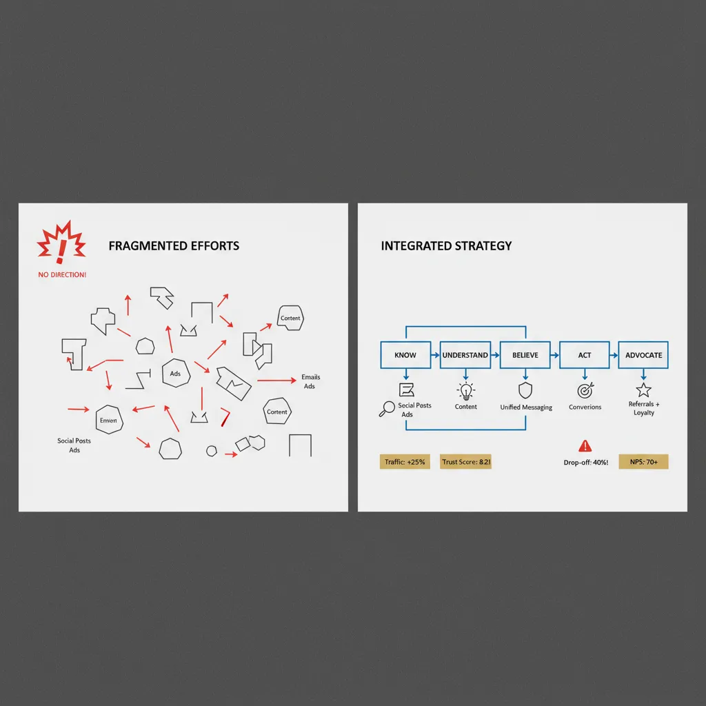 Comparison of fragmented marketing tactics versus integrated KUBAA framework system architecture