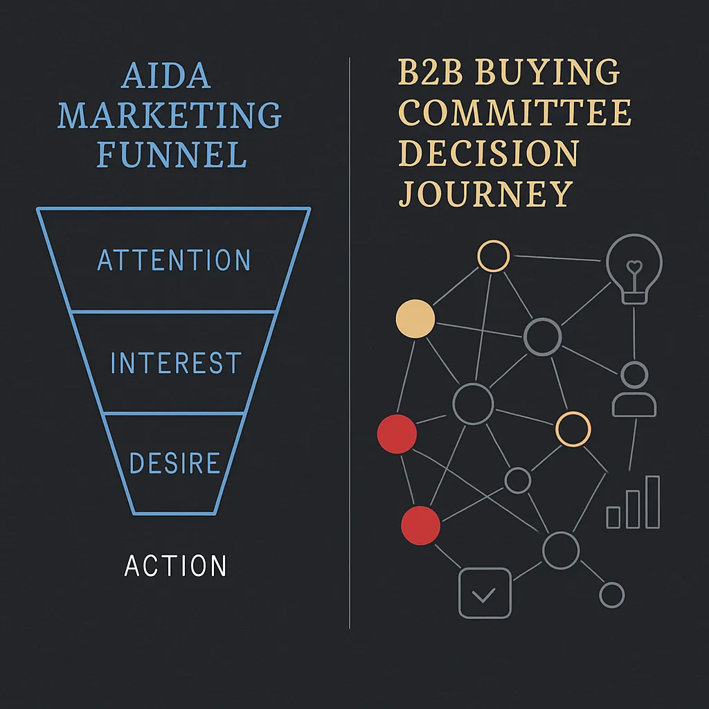 Comparison of traditional linear marketing funnel versus complex B2B cognitive progression journey